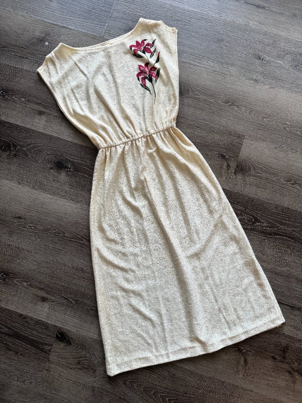 Vintage 1970s Sears Terrycloth Lounge Dress | Cream Floral Retro Summer Midi S